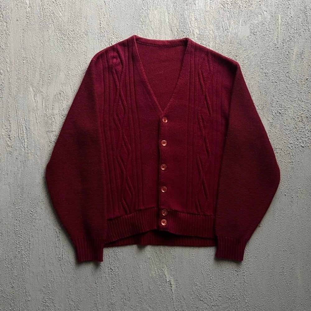 Vintage Cable Knit Cardigan Sweater Medium Burgundy Red 1970s USA